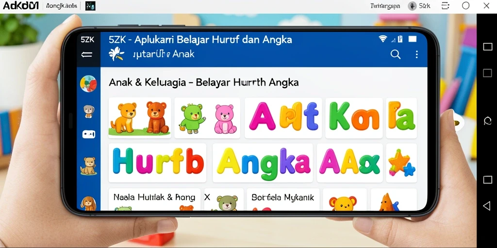 Tampilan antarmuka aplikasi Belajar Huruf dan Angka yang interaktif.