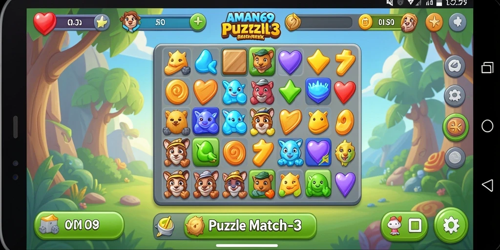 Tampilan antarmuka permainan AMAN69 dengan fungsi Puzzle Match-3 yang menarik.