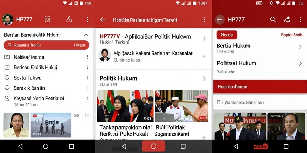 Antarmuka aplikasi HP777 menampilkan berita politik dan hukum terkini.